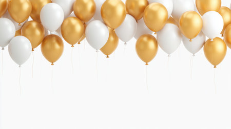 A vibrant display of gold and white balloons suspended in the air creates a joyful atmosphere perfect for any celebration or party decor. Ideal for various events.の素材