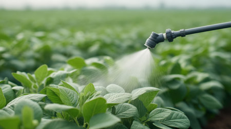 A detailed view of water spraying on lush green crop leaves in a peaceful agricultural setting, highlighting the importance of irrigation in farming practices.の素材