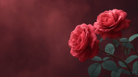 Striking image of two red roses highlighted against a dark, hazy background, perfect for conveying themes of romance, beauty, and artistic elegance in any project.の素材