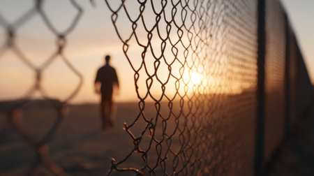 A person walks alone near a chain link fence during a stunning sunset. The warm colors of the evening sky illuminate the silhouette, creating a tranquil and reflective scene.の素材