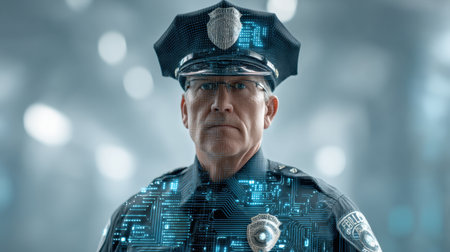 A futuristic police officer stands confidently, showcasing a sleek uniform enhanced with a digital technology overlay, symbolizing progress in law enforcement and community safety.の素材