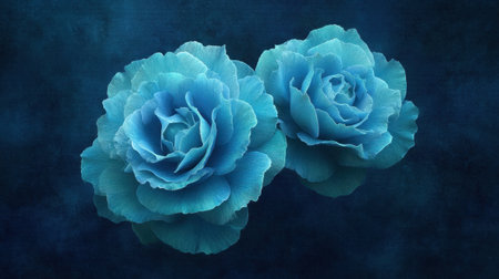 This image features two stunning blue roses set against a dark background, showcasing exquisite details and texture that evoke feelings of calm and beauty.の素材