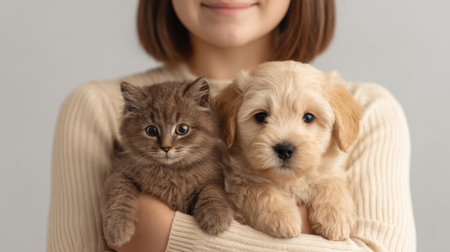A young woman lovingly cradles a kitten and a puppy, radiating warmth and affection. This heartwarming scene highlights the bond between pets and their owners.の素材