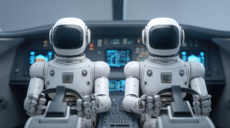 Two advanced robots operate the controls in a high-tech spaceship cockpit, surrounded by digital screens and panels, showcasing the future of space travel and technology.の素材