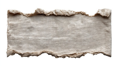 A textured piece of natural fabric with torn edges in soft neutral tones, ideal for various creative projects, backgrounds, or stylistic elements in design.の素材
