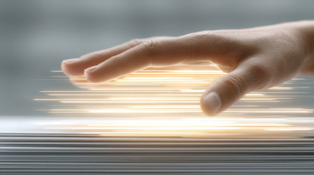 A human hand hovers above a stack of papers, surrounded by dynamic light effects, symbolizing creativity and innovation in a modern work environment.の素材