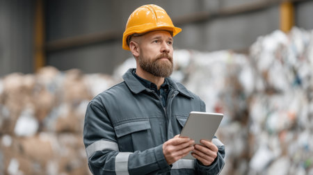 A male worker wearing a safety helmet stands in a recycling warehouse, attentively using a tablet for monitoring tasks related to environmental and material management.の素材