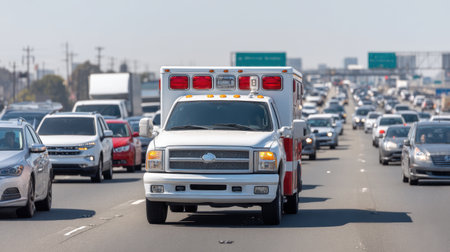 An emergency ambulance drives through heavy traffic on a busy highway, illustrating the critical role of rapid medical response in urban areas during the day.の素材