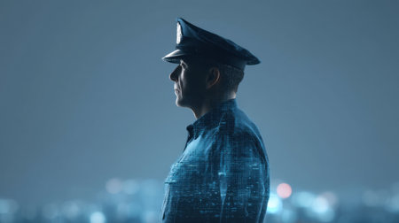 A modern police officer stands in profile, surrounded by digital elements, representing the fusion of law enforcement and technology in an urban setting.の素材