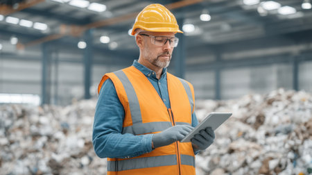 A focused industrial worker in safety gear uses a tablet to manage waste material in a recycling facility. This image emphasizes sustainable practices and technology in waste management.の素材