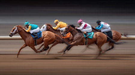 A captivating scene of a horse race showcases the intense competition between jockeys on fast-moving horses, highlighting the thrill and energy of the sport.の素材