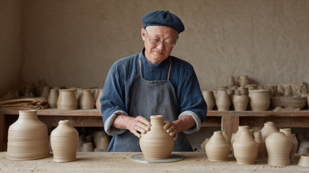 A dedicated potter skillfully shapes clay on a wheel in a warm and inviting workshop, highlighting the intricate process of crafting unique ceramic pieces.の素材