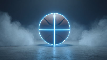 Artistic representation of a glowing basketball with neon lines against a foggy backdrop, perfect for sports-related concepts in advertising and promotions.の素材