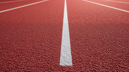 A detailed close-up of a red athletic track surface showcasing a crisp white line. Perfect for illustrating themes of sports, competition, fitness, and training activities.の素材