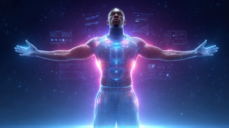 This captivating image features a muscular human figure represented as a hologram, surrounded by glowing data elements. It embodies the intersection of technology and human potential.の素材