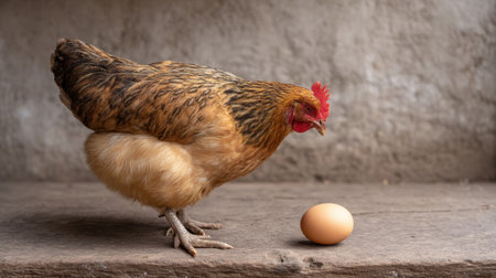 A tranquil rustic scene showcasing a hen curiously observing a freshly laid egg on a wooden surface, illuminated by soft, natural lighting. Perfect for agricultural themes.の素材