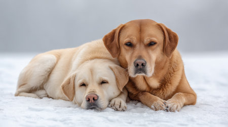 Two adorable Labrador dogs, one brown and one cream, snuggle together on a snowy landscape, showcasing a moment of warmth and companionship in winter.の素材
