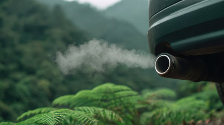 Illustrating the environmental impact of automotive emissions, this image shows a car exhaust releasing smoke amidst a backdrop of lush greenery and mountains.の素材