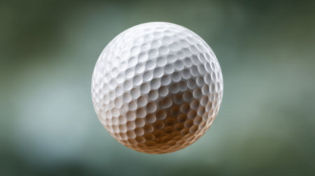 A detailed close-up of a white golf ball showcasing its unique dimple design against a soft green backdrop, perfect for sports-themed visuals and promotional needs.の素材