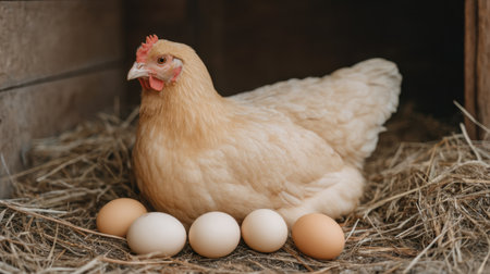 A serene scene of a hen resting on a nest with fresh eggs, showcasing the beauty of farm life. Ideal for themes related to agriculture and natural living.の素材