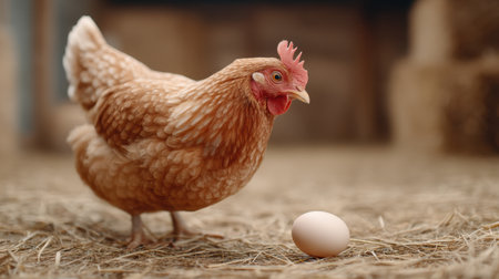 A brown hen stands on straw, curiously observing a newly laid egg in a warm, rustic barn environment. This scene captures the essence of farm life and animal behavior.の素材