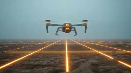 A striking image of a futuristic drone hovering above a glowing grid in a foggy landscape, combining technology with innovation, creating a captivating visual scene.の素材