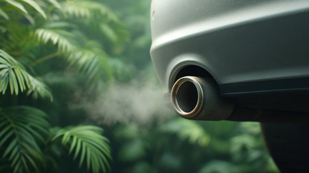 This close-up image captures the emission from a car's exhaust pipe, surrounded by vibrant greenery, highlighting the contrast between modern vehicles and natural landscapes.の素材