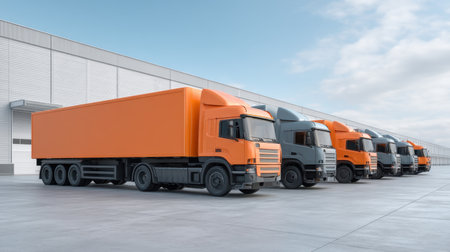 A sleek row of orange and gray cargo trucks is parked outside a modern warehouse, showcasing efficient logistics and transportation solutions in a clean industrial setting.の素材