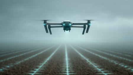 A cutting-edge drone hovers above an agricultural field shrouded in fog, showcasing the intersection of technology and farming in modern agriculture.の素材