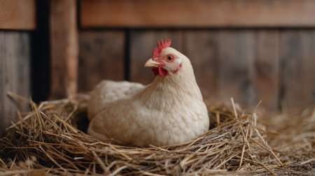 This image features a white hen nesting comfortably in a rustic wooden coop, surrounded by straw and natural elements, evoking a sense of calm and tranquility on the farm.の素材
