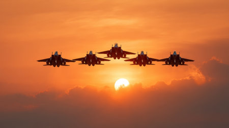 Five fighter jets fly in precise formation during sunset, creating a breathtaking scene with a dramatic sky and sun setting behind the clouds, showcasing aerial prowess.の素材