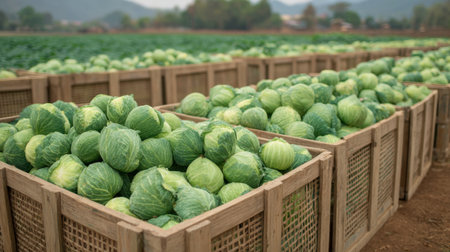 A vibrant field of freshly harvested green cabbages stored in wooden crates showcases the hard work of farmers. The scenic backdrop features lush vegetation and distant mountains.の素材
