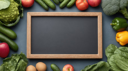 A beautiful arrangement of fresh vegetables and fruits encircles an empty chalkboard frame, perfect for culinary inspiration and showcasing healthy eating ideas.の素材