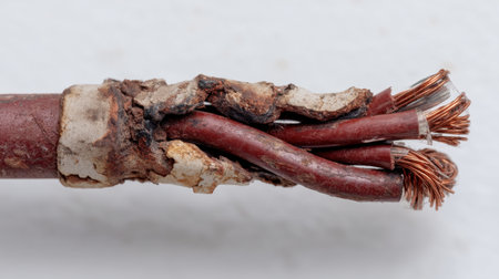 Detailed close-up image of a damaged electrical cable showcasing exposed copper wires and frayed insulation, illustrating the effects of wear and environmental damage.の素材