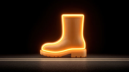 A vibrant neon orange rubber boot stands out against a dark background, creating a striking visual. Perfect for showcasing modern footwear design and trends.の素材
