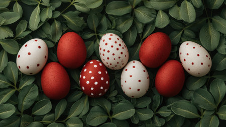 Brightly colored eggs resting on lush green leaves create a joyful spring atmosphere. Ideal for celebrating spring, creativity, and festive traditions.の素材