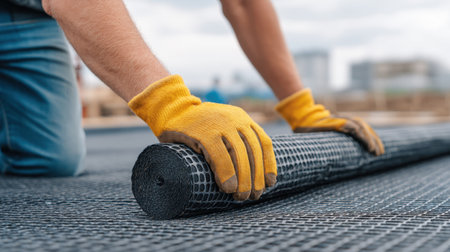 A construction worker wearing yellow gloves rolls out a wire mesh material on a building site, highlighting safety and manual labor in an urban environment.の素材