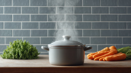 A steaming pot sits on a wooden countertop surrounded by fresh vegetables, including vibrant carrots and greens, capturing a cozy culinary atmosphere.の素材