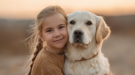 A heartwarming scene of a girl smiling while hugging her loyal dog, set against a beautiful sunset backdrop, showcasing their joyful connection and love.の素材