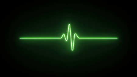 This digital artwork features a vibrant green neon pulse waveform set against a black background, capturing the essence of heartbeat and medical monitoring in a sleek design.の素材