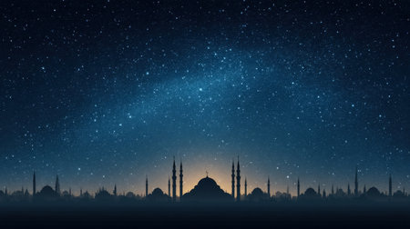 A stunning silhouette of mosque domes and minarets rises against a star-filled night sky, illuminated by soft dawn light, creating a serene and tranquil atmosphere.の素材