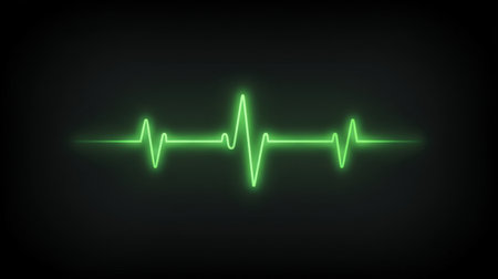 A vibrant green pulse line set against a black background, symbolizing heartbeat monitoring. Ideal for medical, technology, and health-related visuals.の素材