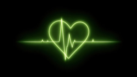 This glowing neon green heartbeat graphic represents love and health. It features a heart shape intertwined with pulse lines against a black background.の素材
