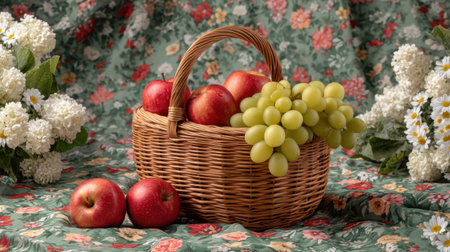 A beautifully arranged basket filled with fresh red apples and green grapes, set against a vibrant floral backdrop, ideal for kitchen or home decor themes.の素材
