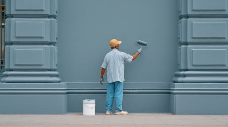 A man dressed in casual clothing paints a gray wall using a roller brush, showcasing the effort involved in home renovation and creative processes.の素材