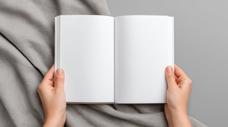 A pair of hands holding an open blank book on a soft gray fabric, inviting creativity and self-expression with its empty pages perfect for notes or drawings.の素材