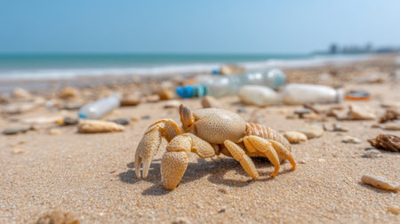 A close-up view of a crab wandering on a sandy beach, with plastic waste scattered around, highlighting the vital need for environmental awareness and conservation efforts.の素材