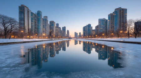 Experience the serene beauty of a winter morning in Chicago, where skyscrapers reflect in icy waters under a clear blue sky, creating a tranquil urban landscape.の素材