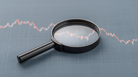 Close-up view of a magnifying glass showcasing a stock market graph with fluctuating trends. Ideal for financial analysis, investment strategies, and data-driven decision making.の素材