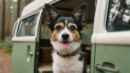 A cheerful dog with fun ears grins in front of a vintage camper, surrounded by a tranquil forest, inviting adventures in nature and perfect moments of joy.の素材